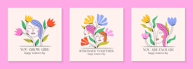 Girly vector illustrations with calm woman faces;stylish print for t shirts;posters;cards and banners with flowers.Feminism quote and woman motivational slogans.Women's day concepts.