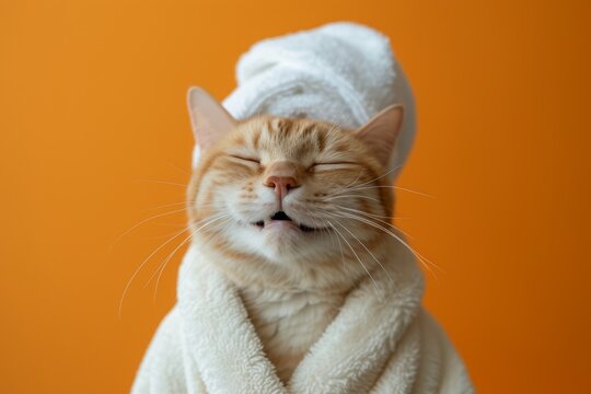 A happy morning image. A red-haired cat in a bathrobe and with a towel on his head rejoices on an orange background