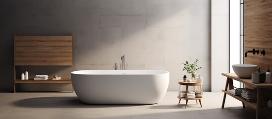 Fototapeta na wymiar Minimalist bathroom design with white and gray tones featuring a freestanding bathtub and wooden washbasin.