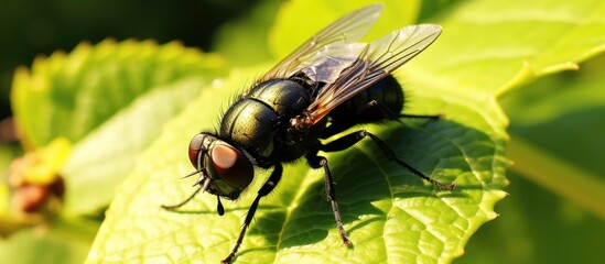 An arthropod known as a fly, a membranewinged insect, is perched on a green leaf. This organism plays a role as a pollinator, showcasing its adaptation in macro photography