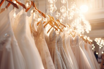 Beautiful elegant white bridal dresses hanging on hangers in luxury boutique salon
