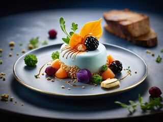 Pretty fruit pudding sitting on a black plate