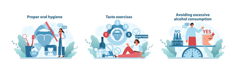 Taste Care Techniques set. Illustrations promoting dental hygiene, sensory training.