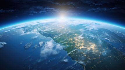 Fototapeta premium view of planet earth from space, nature, continents, landscape, sky, blue, beauty, ocean, air, geography, science, universe, atmosphere, world