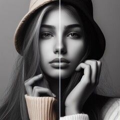 Black and white portrait of young girl in style made with artificial intelligence  - 756004397
