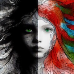 Nice combind black and white painted draw portrait of young redhead girl with green eyes close up maked with artificial intelligence - 756004506