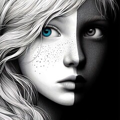 Nice combind black and white painted draw portrait of young redhead girl with green eyes close up maked with artificial intelligence - 756004508