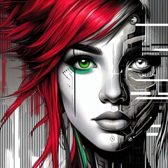 Nice combind black and white painted draw portrait of young redhead girl with green eyes in cyberpunk style close up maked with artificial intelligence - 756004515