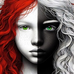 Nice combind black and white painted draw portrait of young redhead girl with green eyes close up maked with artificial intelligence - 756004523