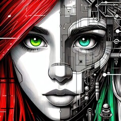 Nice combind black and white painted draw portrait of young redhead girl with green eyes in cyberpunk style close up maked with artificial intelligence - 756004524