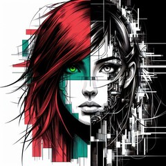 Nice combind black and white painted draw portrait of young redhead girl with green eyes in cyberpunk style close up maked with artificial intelligence - 756004530