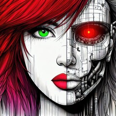 Nice combind black and white painted draw portrait of young redhead girl with green eyes in cyberpunk style close up maked with artificial intelligence - 756004531
