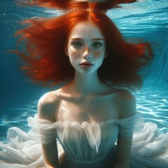 Nice young redhead girl underwater portrait made by artificial intelligense - 756004537