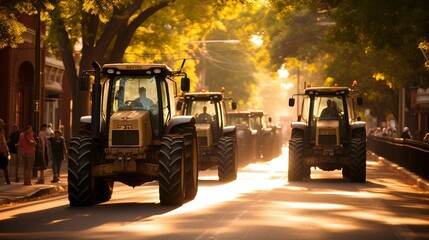 Agricultural workers protest with tractors, blocking streets, causing city traffic jams and delays - obrazy, fototapety, plakaty