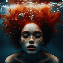 Nice young redhead girl underwater portrait made by artificial intelligense - 756004547
