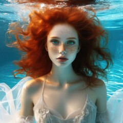 Nice young redhead girl underwater portrait made by artificial intelligense - 756004552