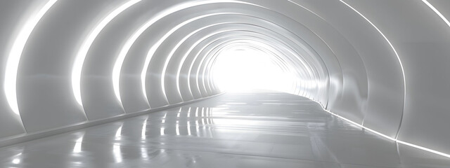 Obraz premium Empty 3D room with a white background, featuring a futuristic technology tunnel stage floor. Abstract space corridor with a silver road element creates a captivating and modern interior scene.