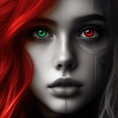 Nice combind black and white painted draw portrait of young redhead girl with green eyes close up maked with artificial intelligence - 756004579