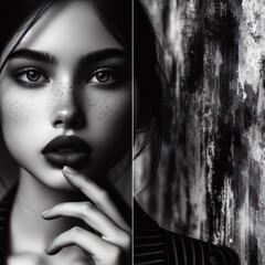 Black and white portrait of young girl in style made with artificial intelligence  - 756004597