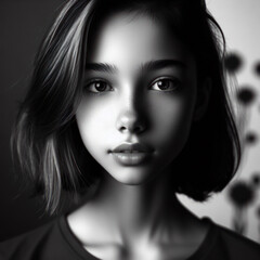 Black and white portrait of young girl in style made with artificial intelligence  - 756004598