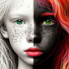 Nice combind black and white painted draw portrait of young redhead girl with green eyes close up maked with artificial intelligence  - 756004707