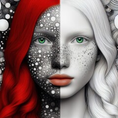 Nice combind black and white painted draw portrait of young redhead girl with green eyes close up maked with artificial intelligence  - 756004715