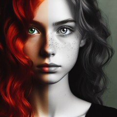 Nice combind black and white painted draw portrait of young redhead girl with green eyes close up maked with artificial intelligence  - 756004716