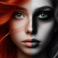 Nice combind black and white painted draw portrait of young redhead girl with green eyes close up maked with artificial intelligence  - 756004724