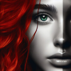 Nice combind black and white painted draw portrait of young redhead girl with green eyes close up maked with artificial intelligence  - 756004731