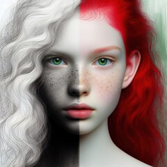 Nice combind black and white painted draw portrait of young redhead girl with green eyes close up maked with artificial intelligence  - 756004755