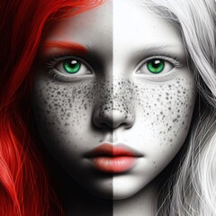 Nice combind black and white painted draw portrait of young redhead girl with green eyes close up maked with artificial intelligence  - 756004764
