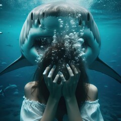 Underwater shot of young girl in water and big white shark behind the back, danger and fear of nature, maked with artificial intelligence - 756004785