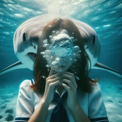 Underwater shot of young girl in water and big white shark behind the back, danger and fear of nature, maked with artificial intelligence - 756004793