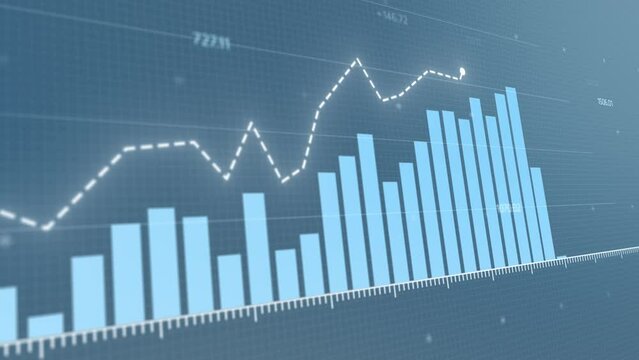 Animated blue bar chart on white grid background, showcasing positive growth with a bright upward arrow, ideal for financial and business analytics presentations.