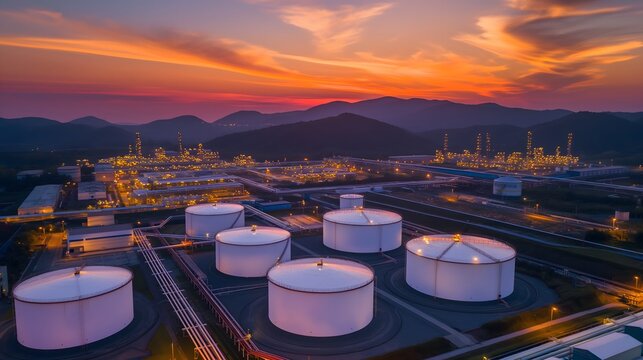 Drohnenaufnahme einer Hafenanlage mit Öltanks und Flüssiggastanks, Tanks voll mit Gas und Öl, Konzept Energieinfrastruktur