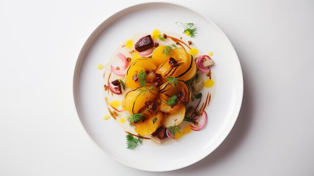 Image displaying YELLOW PEPPER, SQUASH, RED ONIONS, SMOKED BACON, and YUKON POTATOES, served on a white round plate against a white background, captured from a top-down perspective