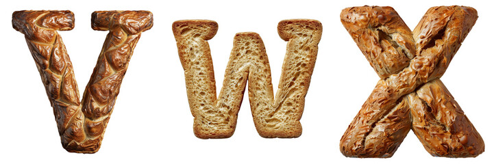 Bread Letters V W X Isolated on Transparent or White Background, PNG - obrazy, fototapety, plakaty