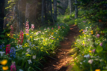 a sun-dappled forest trail blanketed with a carpet of colorful wildflowers, inviting hikers to explore nature's beauty