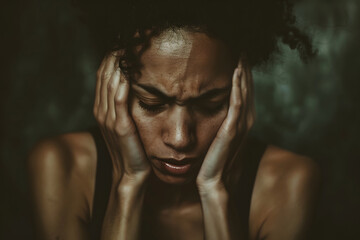 the emotional toll of chronic pain, with a person expressing frustration, sadness, or fatigue while managing their condition  - obrazy, fototapety, plakaty