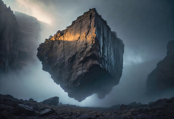 In a barren rocky landscape, a lone colossal boulder stands as a silent guardian, watching over the rugged terrain with an air of mystery - obrazy, fototapety, plakaty