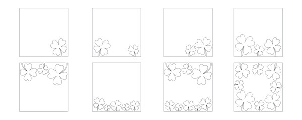 Clover flower frame for Saint Patrick day - good lucky symbol, single line. Vector stock minimalism illustration isolated on white background for design template social media. Editable stroke.