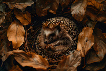 Fototapeta premium a contented hedgehog curled up in a cozy nest of leaves, snuffling softly as it dozes peacefully