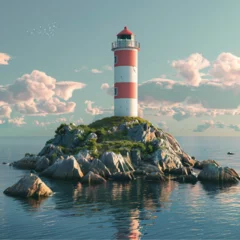 Fotobehang A cute image of a lighthouse standing alone on a small island © Kholoud