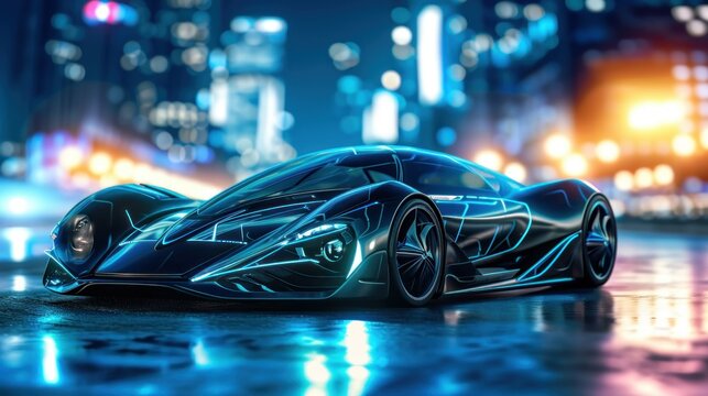 Conceptual image of a futuristic sports car in the city.