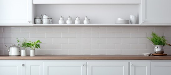 modern white kitchen furniture with tea accessories on a counter. traditional clean kitchen. vertical view