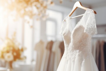 White wedding dresses on hangers in bridal shop - elegant luxury gowns for bride