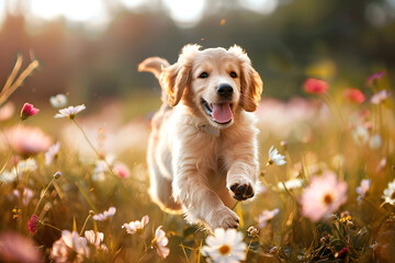 a joyful puppy romping through a field of flowers, with a big grin on its face as it enjoys the sunshine - obrazy, fototapety, plakaty