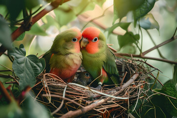 a pair of lovebirds building a nest together, gathering twigs and feathers to create a cozy home for their future chicks