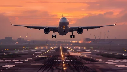 Foto op Plexiglas A large jet plane takes off or lands from an airport runway at sunset © AhmadTriwahyuutomo