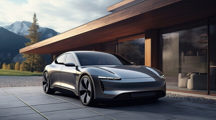 An expensive sports electric car is parked in front of a modern house